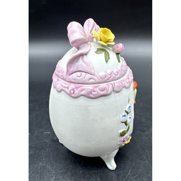 VTG Lefton Bisque Porcelain Yellow Chick Footed Egg Lidded Easter Box Trinket - Picture 2 of 10